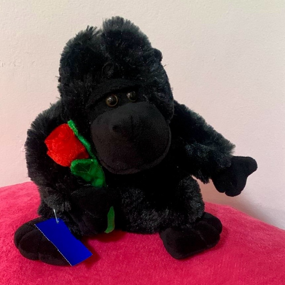 Plush Black Gorilla Toy with Red Rose